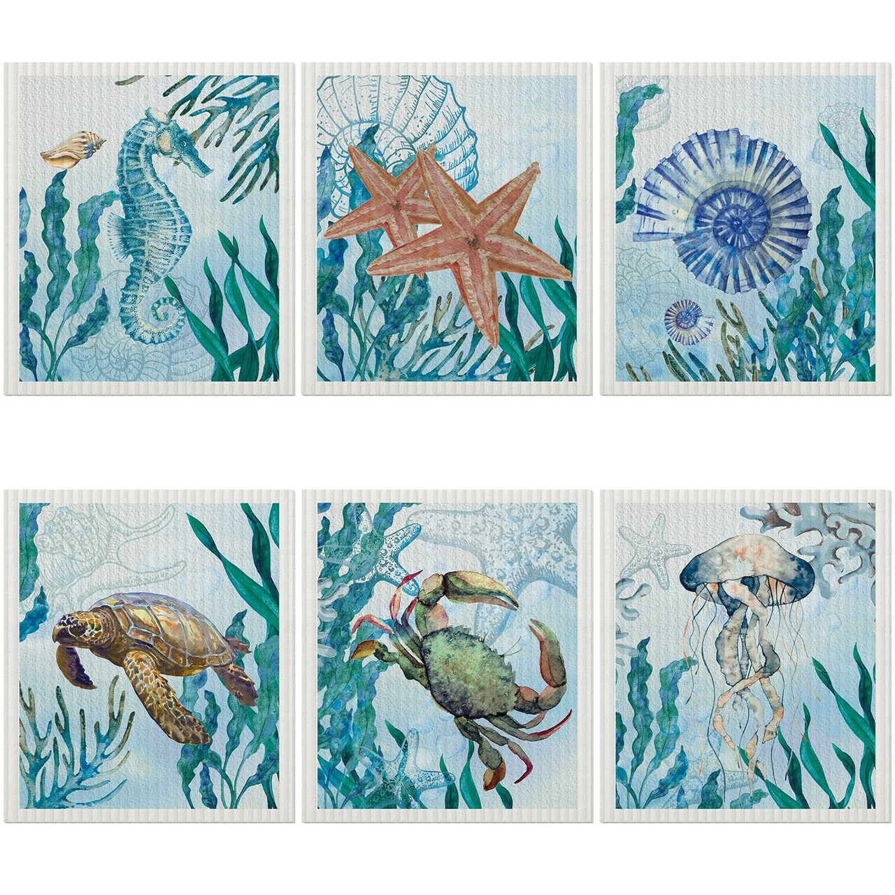 6 Pcs Swedish Kitchen Dish Towels Kitchen Cloths Reusable Sponge Cleaning Cloths Absorbent Dish Cloth Quick Drying Washable Cleaning Wipes No Odor Hand Towel (Marine Life)